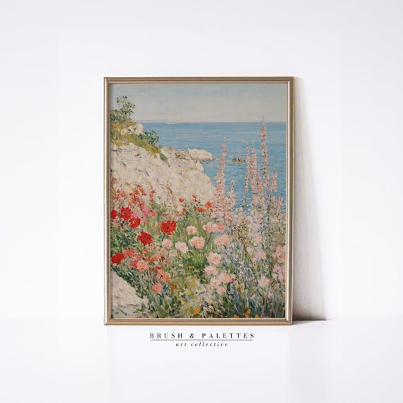 Ocean Cliffside Garden Painting, Vintage Floral Poster