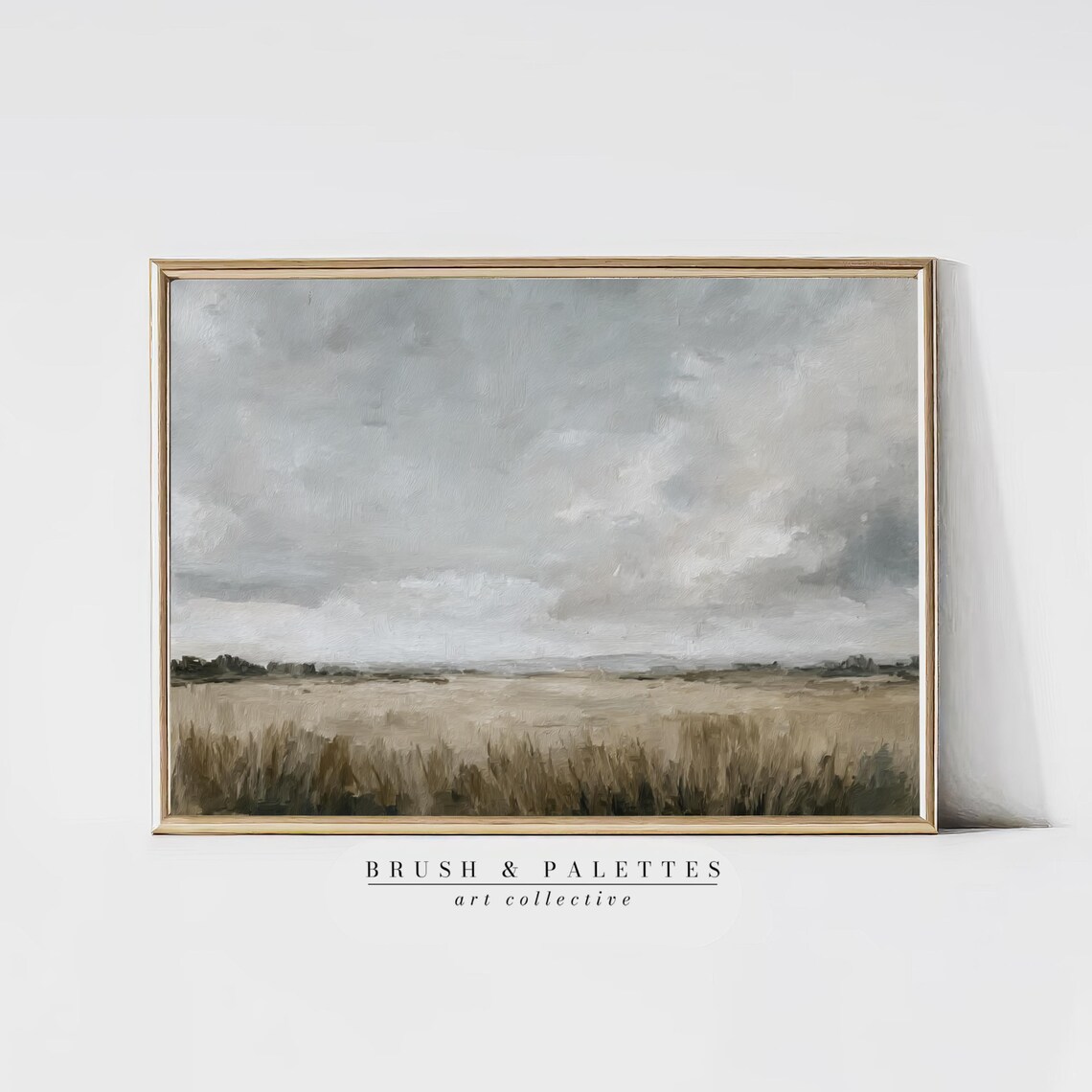 Open Field Under Cloudy Grey Sky Neutral Minimalist Painting Poster