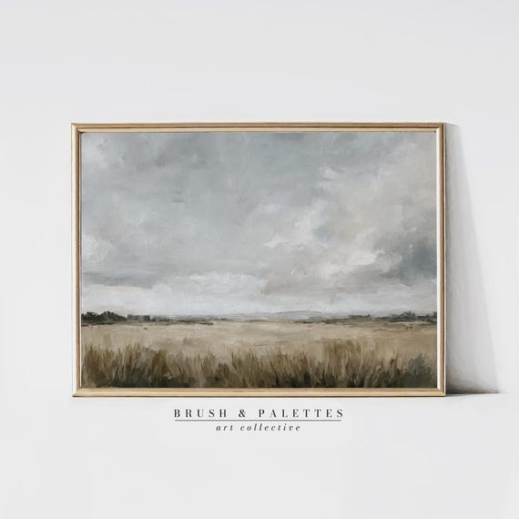Open Field Landscape Print Minimalist Oil Painting With Cloudy Sky Neutral Abstract Nature Wall Art For Rustic Or Modern Decor