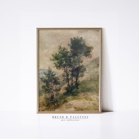 Vintage Forest Hillside Oil Painting Greenery Rolling Hills Art Rustic Wall Decor For Natureinspired Country Homes
