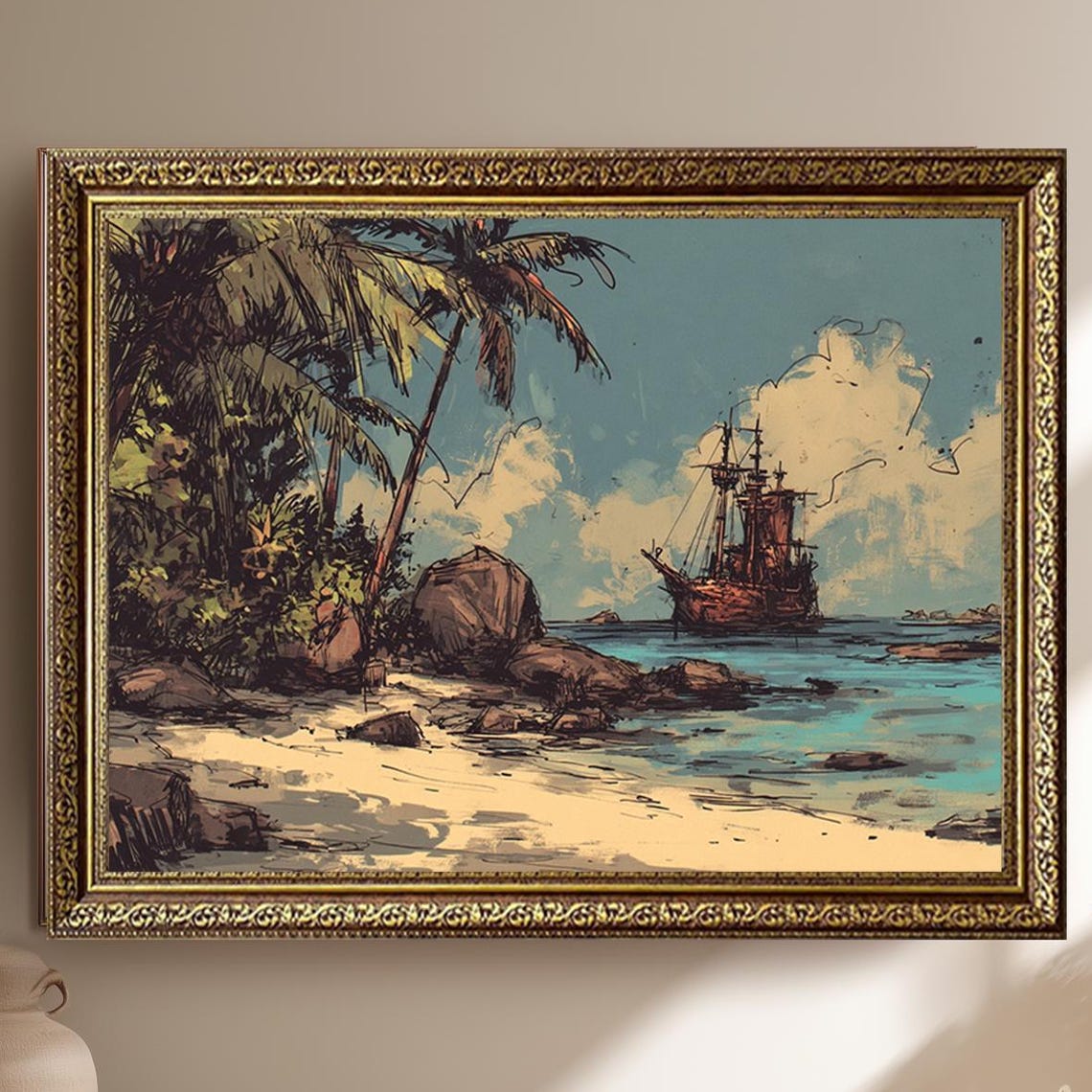 Vintage Pirate Ship Illustration at Tropical Island Beach Poster