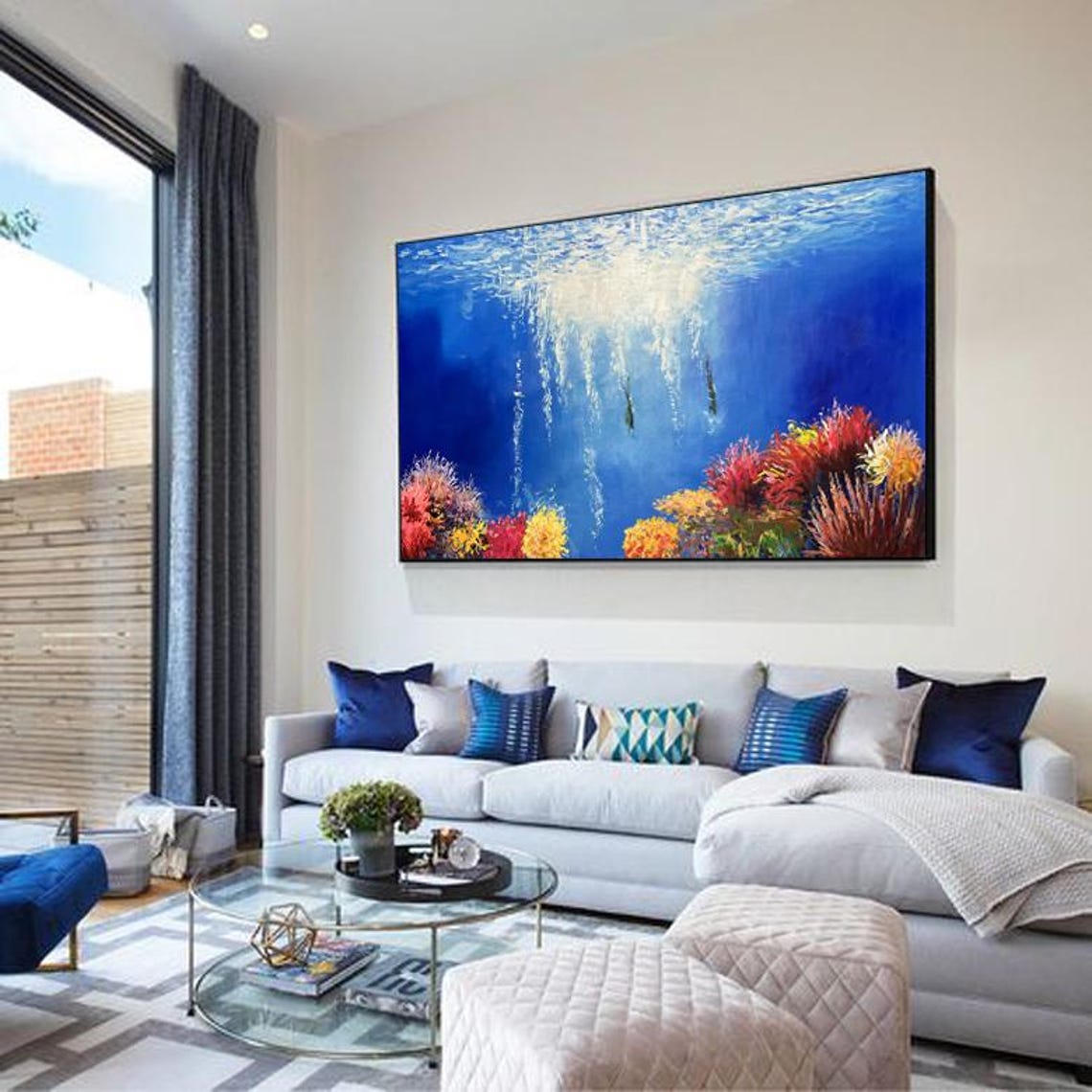 Underwater Ocean Coral Reef with Divers Blue Seascape Poster - Image 4