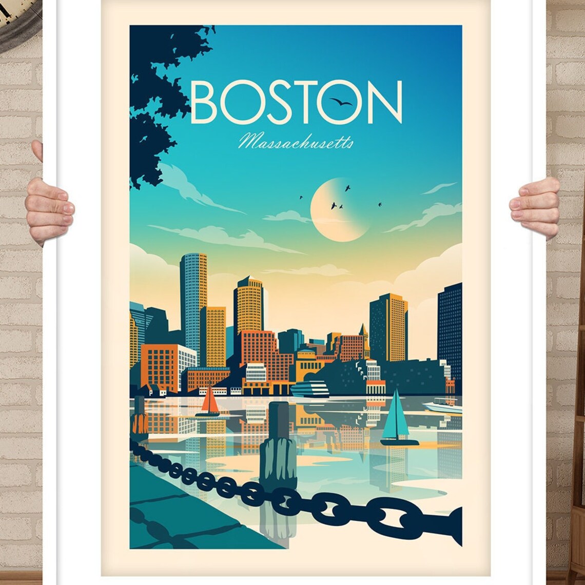 Boston Massachusetts Skyline Travel Poster, Wall Art Print - Image 3