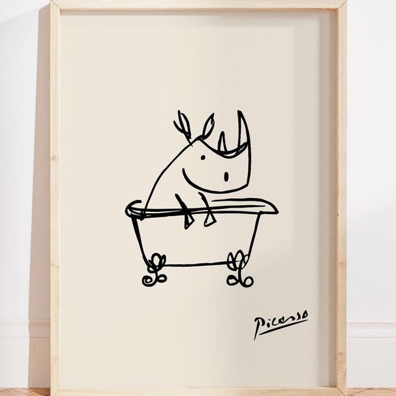 Rhino In A Bathtub Wall Art Print Picasso Bathroom Minimalist Decor Line Drawing Rhinoceros