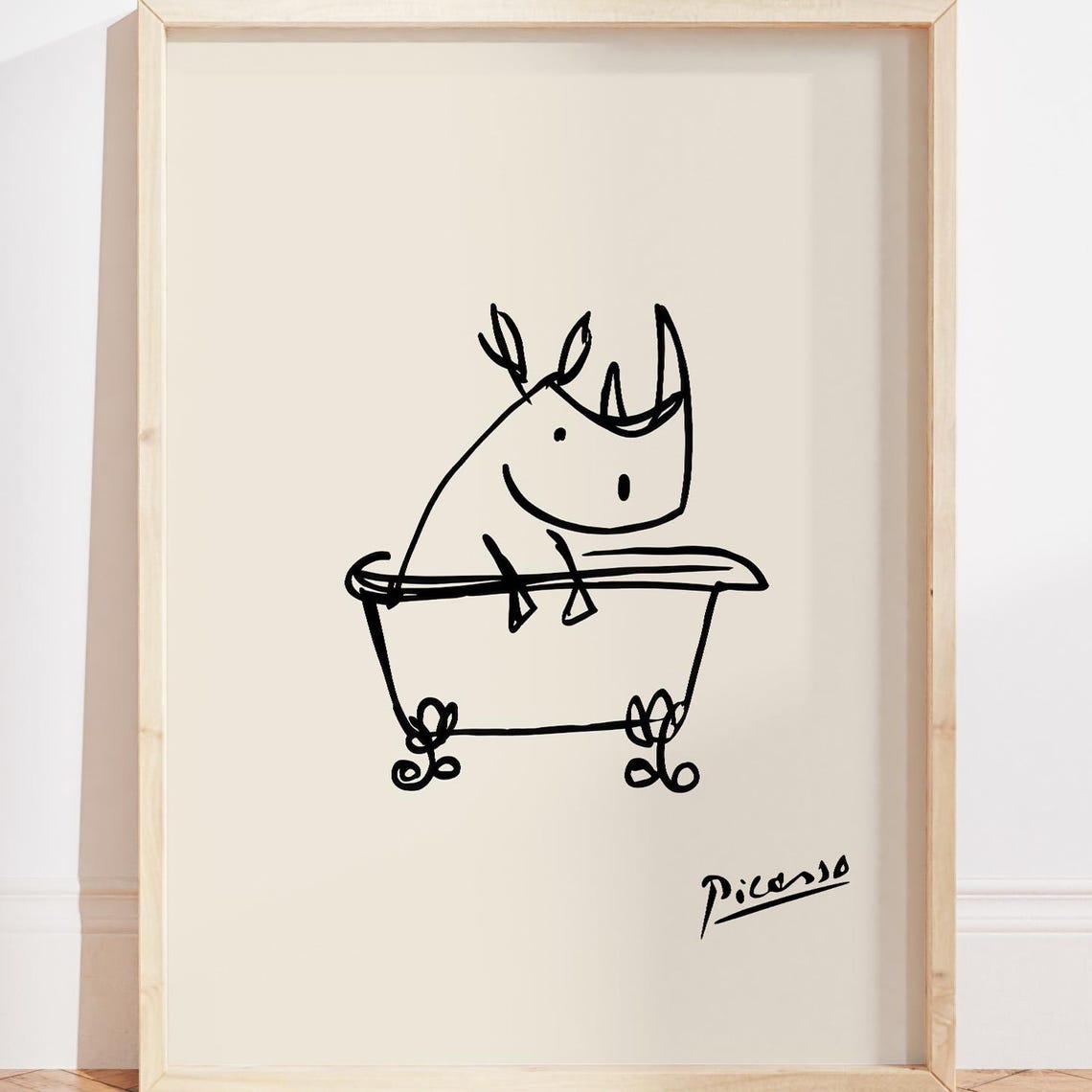 Rhinoceros In Bathtub Minimalist Line Drawing Bathroom Wall Art