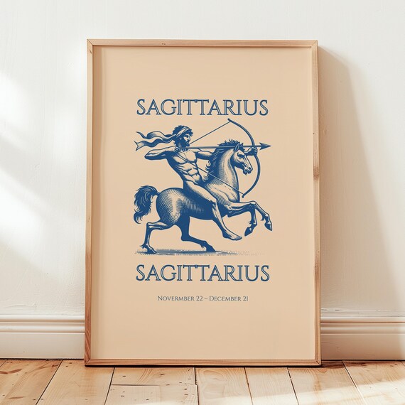 Sagittarius Centaur Archer Blue Retro Zodiac Sign Art Poster