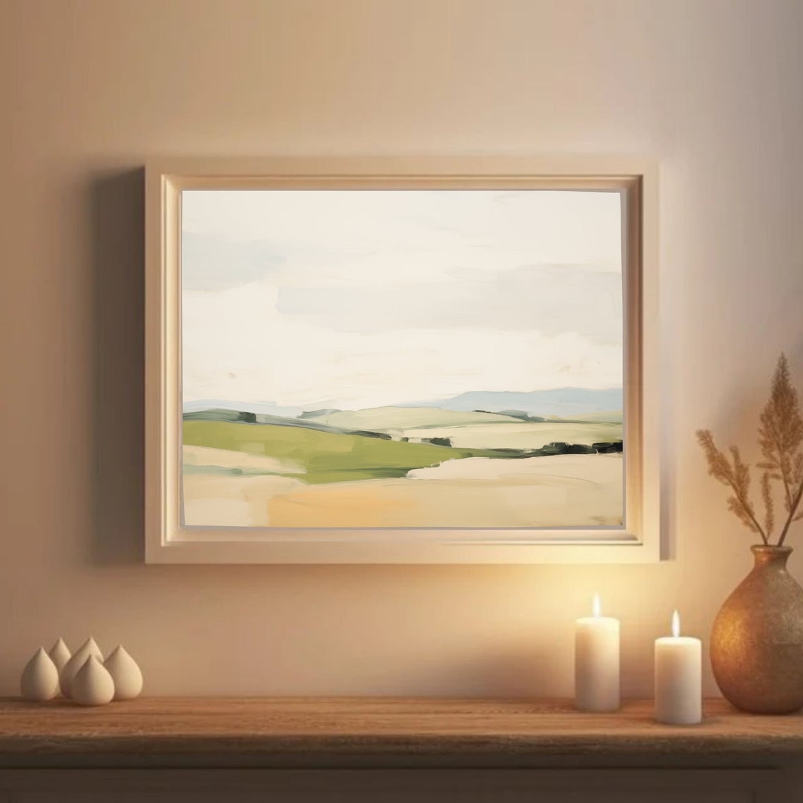 Minimal Cream Sky Over Pale Green Rolling Fields Landscape Poster - Image 3