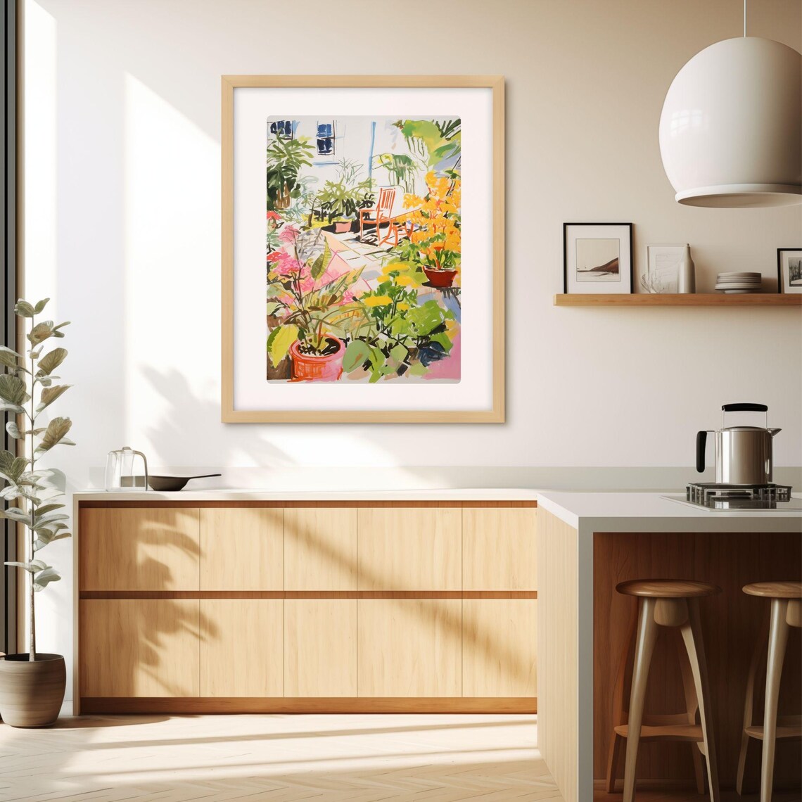 Vibrant Garden Patio with Red Chair and Golden Flowers Poster - Image 3