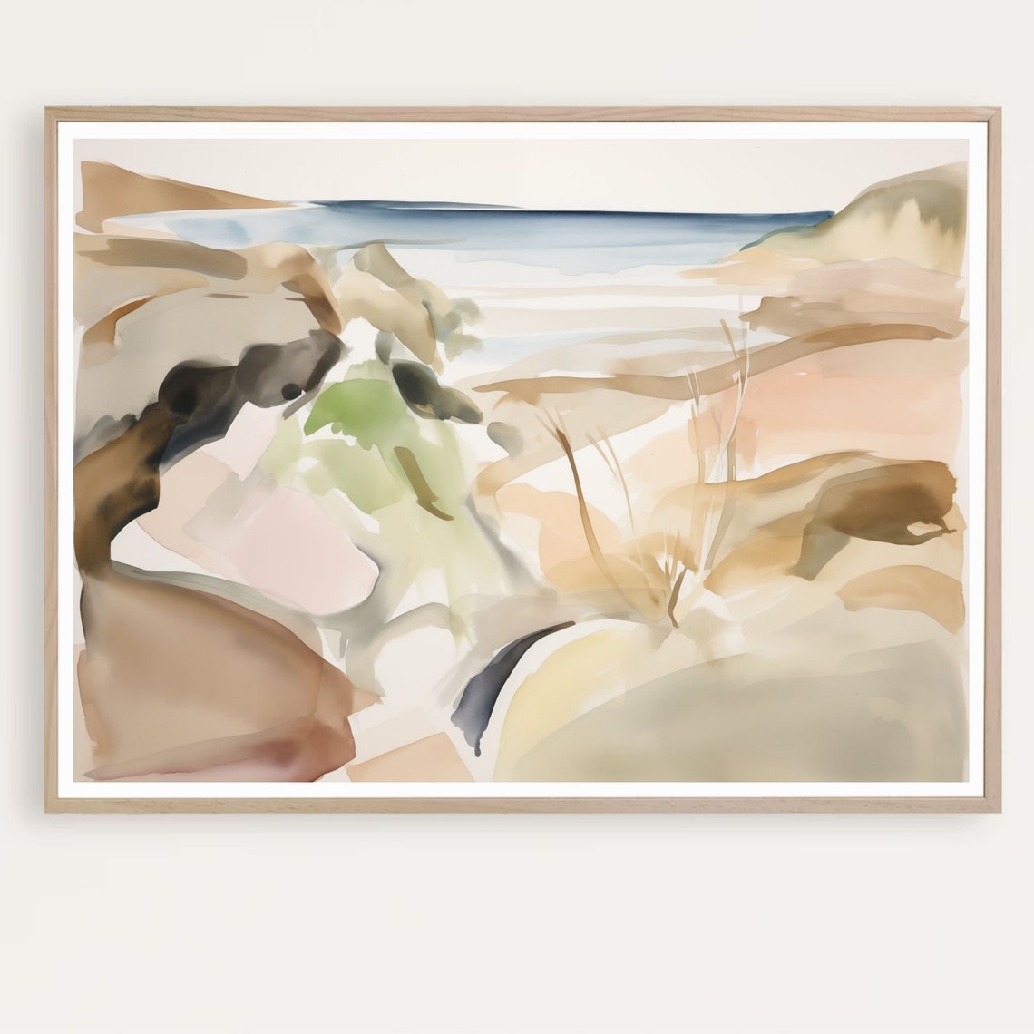 Sandy Coastal Dunes Watercolor with Distant Sea Horizon Poster