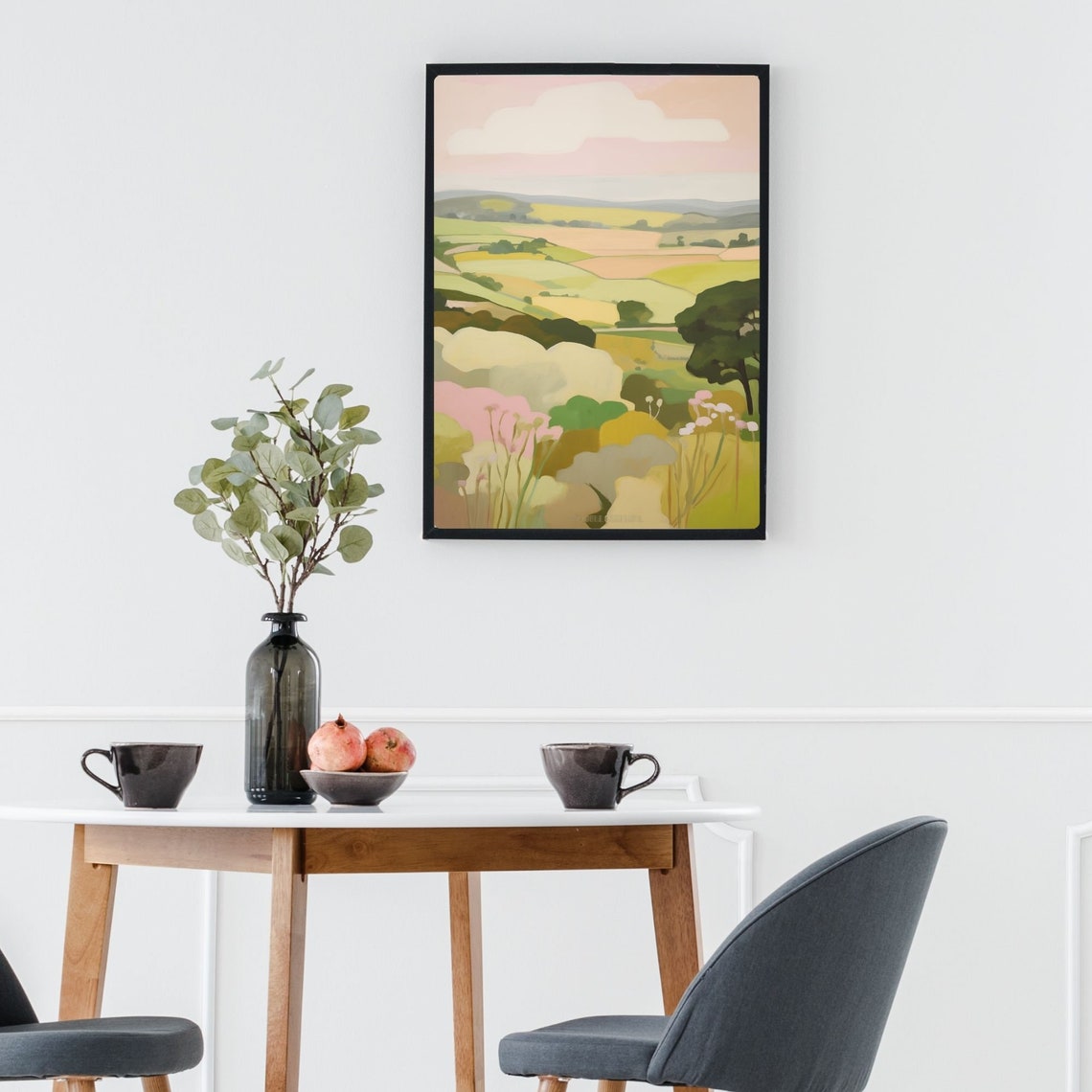 Pastel Green Fields and Blush Hills Country Landscape Poster - Image 3