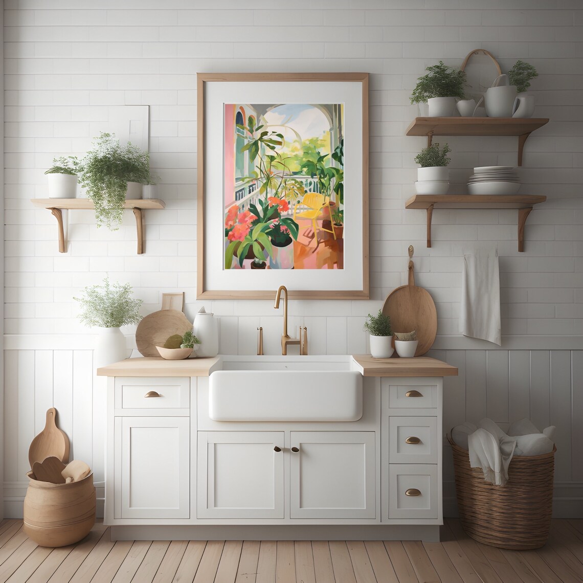 Tropical Sunlit Balcony Garden With Yellow Chair Watercolor Poster - Image 2