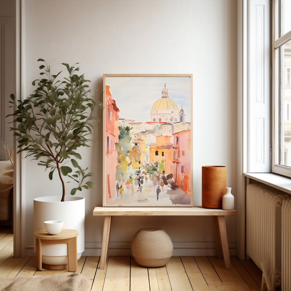 Rome Italy Street View of Grand Cathedral Dome Watercolor Poster - Image 2