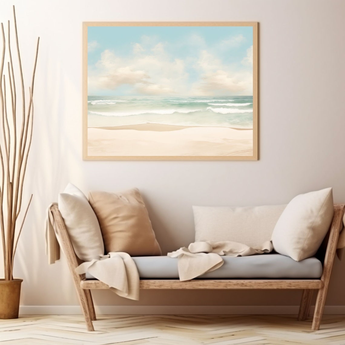 Serene Ocean Waves Under Soft Clouds Pastel Coastal Art Poster - Image 3