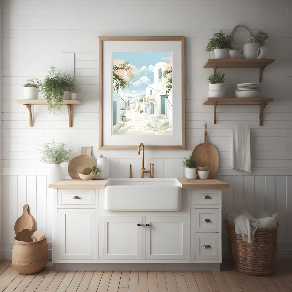 Santorini Style White Village Lane Watercolor Illustration Poster - Image 3