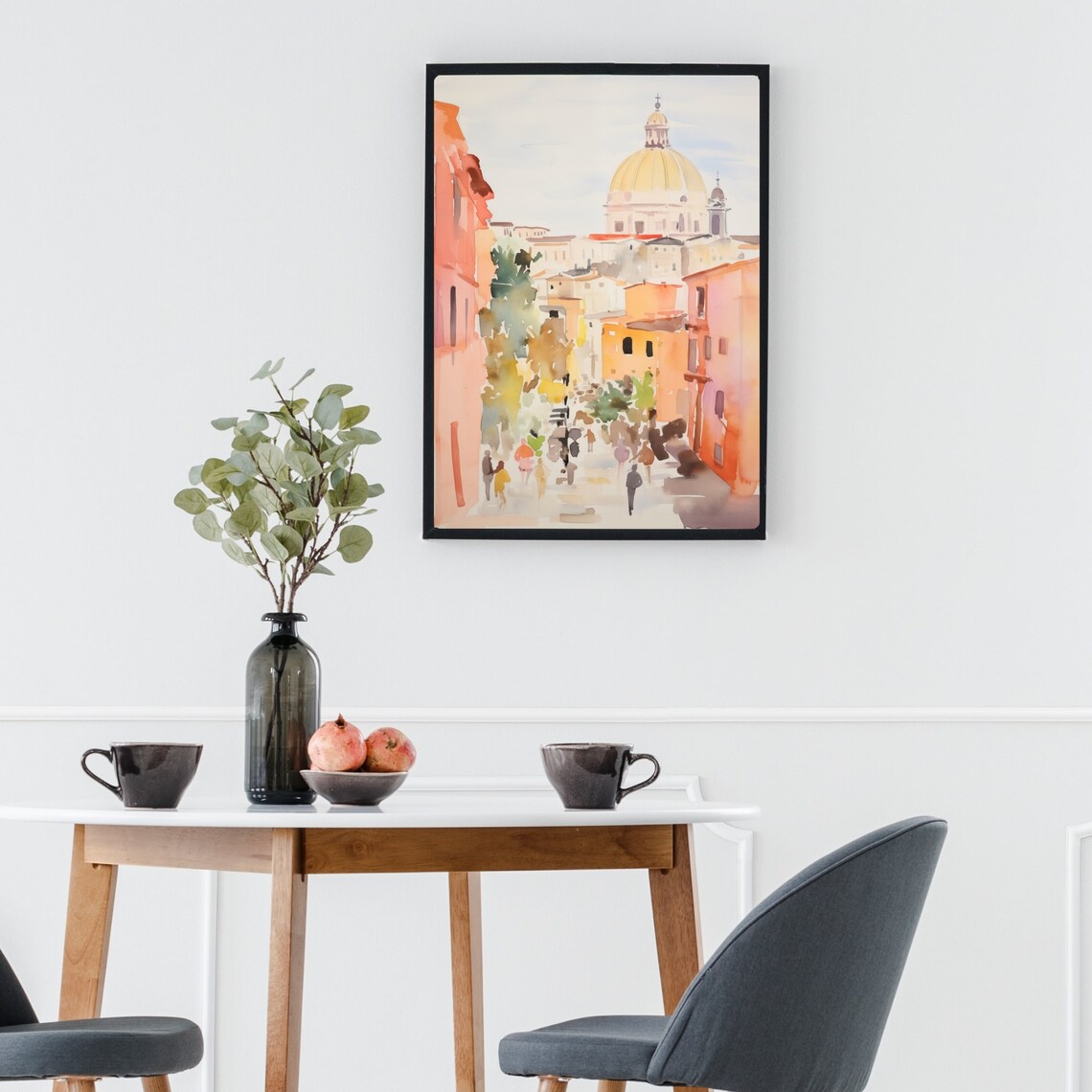 Rome Italy Street View of Grand Cathedral Dome Watercolor Poster - Image 3