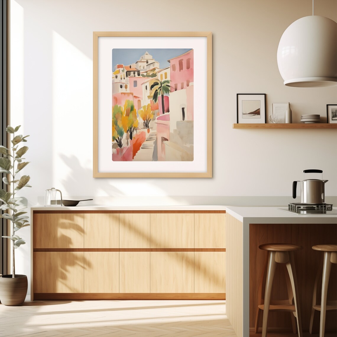 Greek Island Old Town Pink Buildings with Palm Watercolor Poster - Image 3
