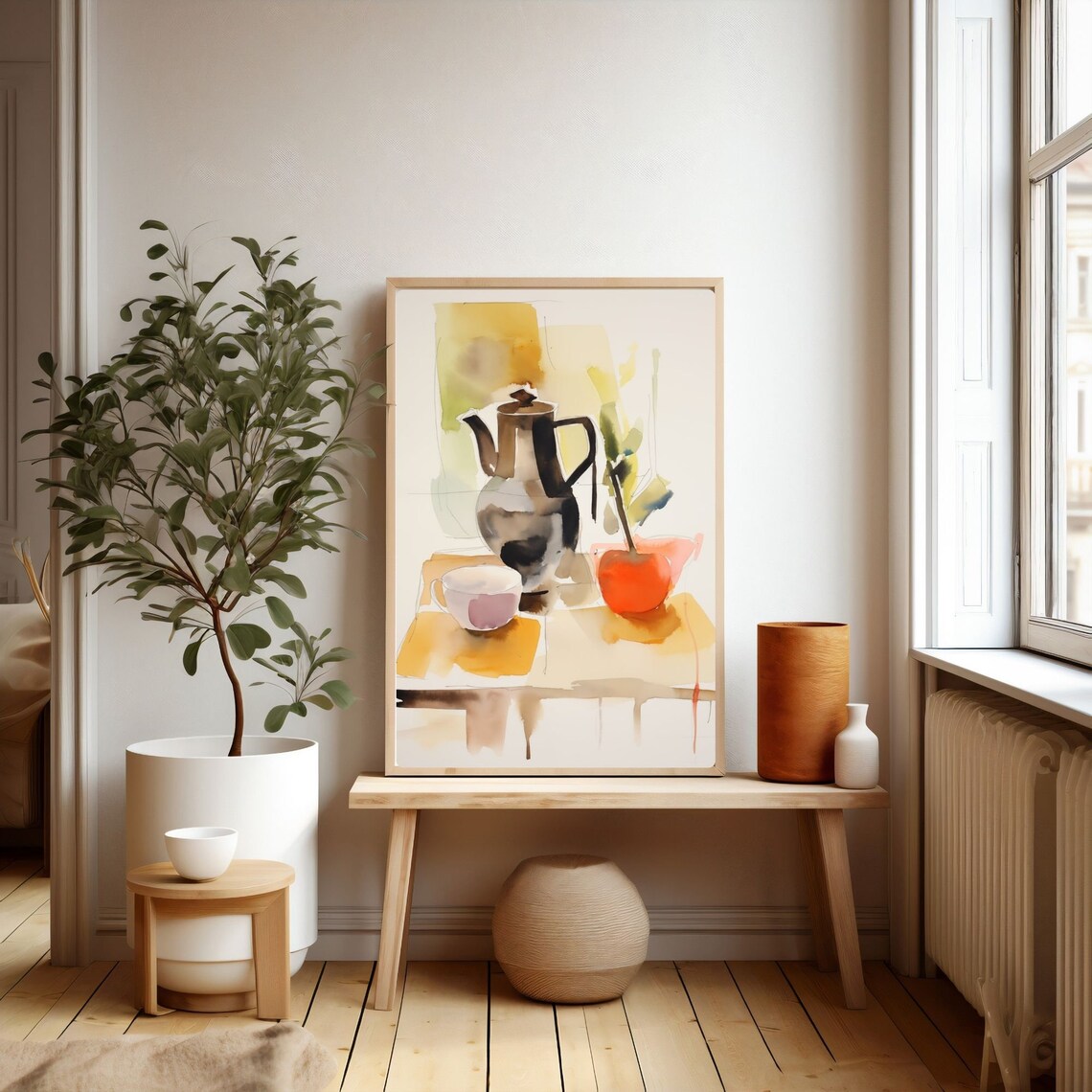 Still Life Watercolor Print Coffee Pot Painting Modern Abstract Art Mid Century Modern Kitchen Wall Art Instant - Image 3
