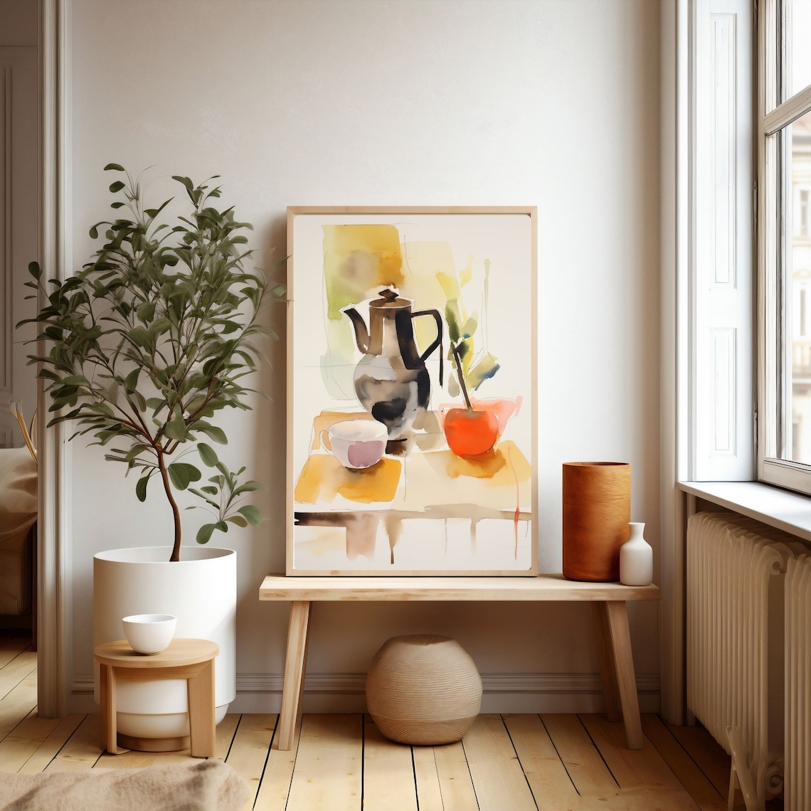 Watercolor Still Life with Coffee Pot Cup and Red Apple Poster - Image 3