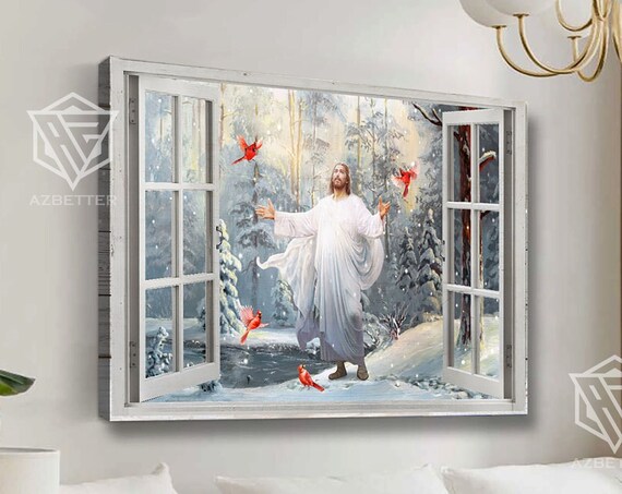 Jesus in Winter Snow Forest Window With Red Cardinals Poster