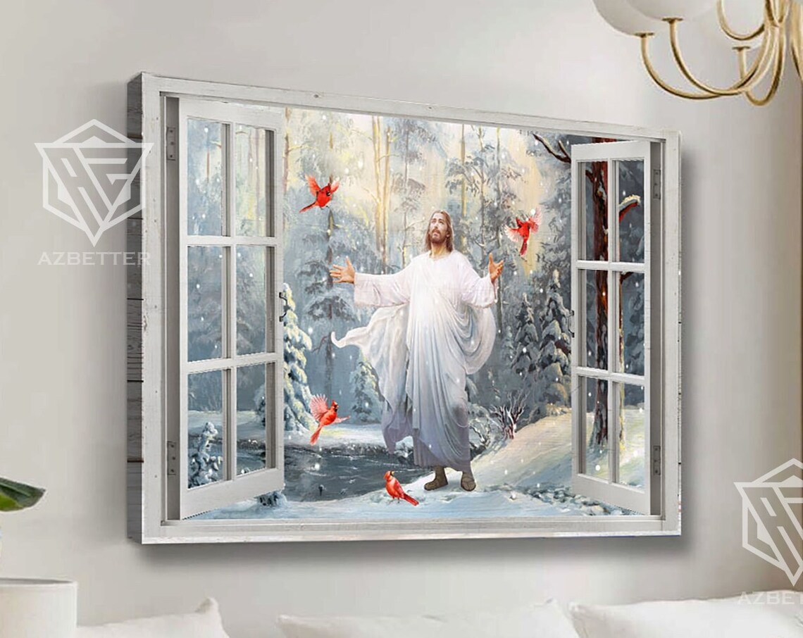 Jesus in Winter Snow Forest Window With Red Cardinals Poster