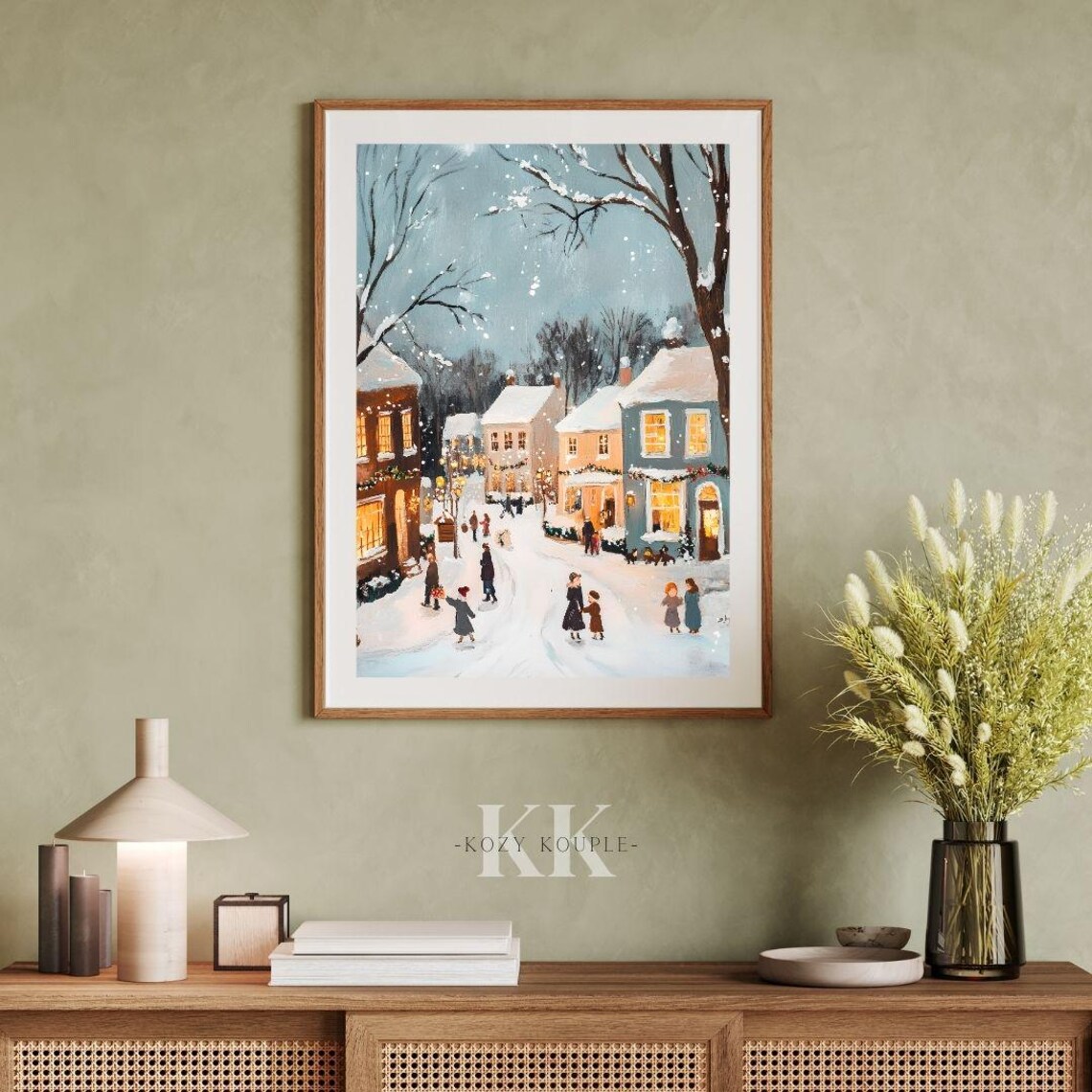 Snowy Village Winter Street Families and Glowing Windows Poster - Image 2