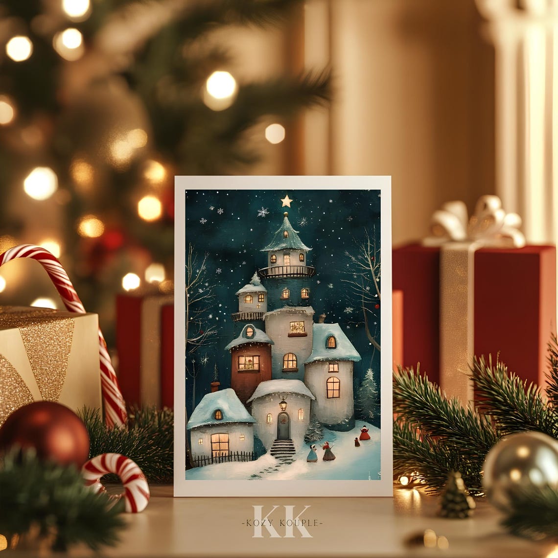 Whimsical Christmas Village Towers Winter Night Storybook Poster - Image 4