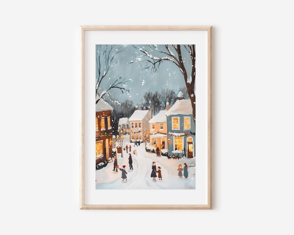 Snowy Village Winter Street Families and Glowing Windows Poster