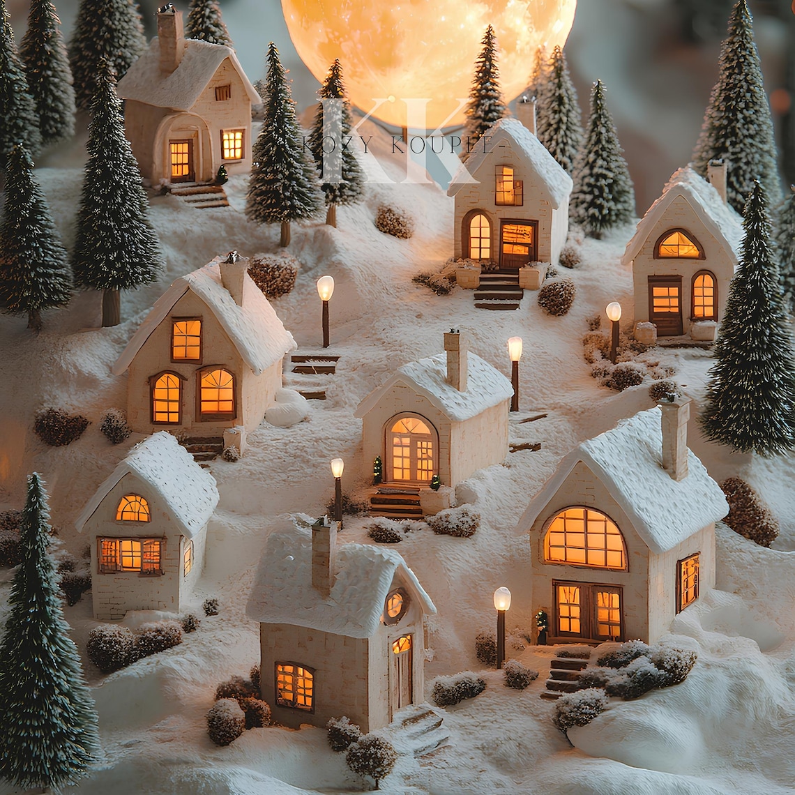 Giant Orange Moon Over Snowy Village Houses Winter Night Poster - Image 4
