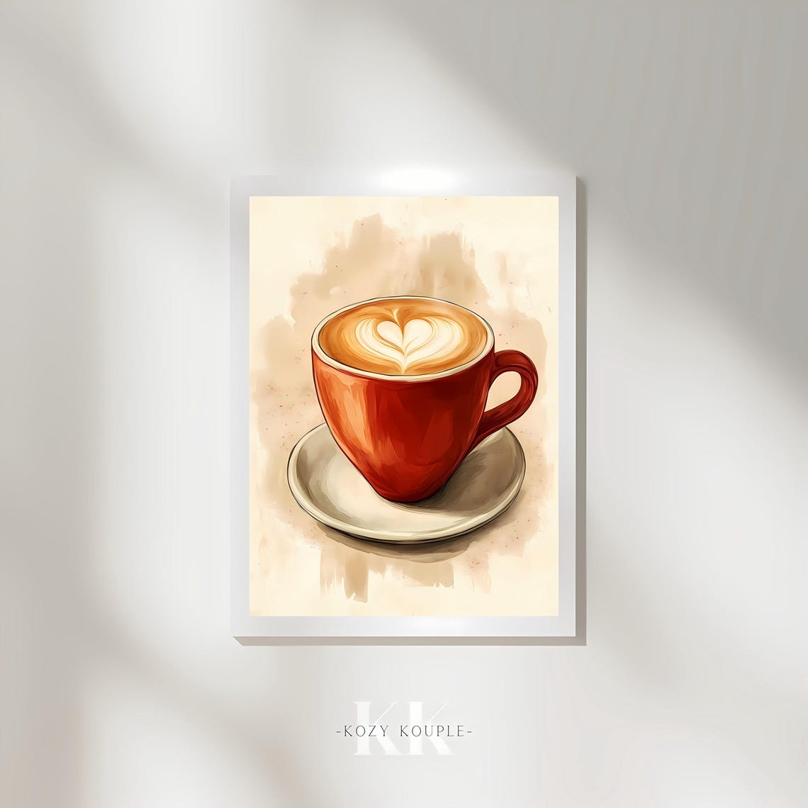 Red Coffee Mug Heart Latte Art Rustic Watercolor Coffee Poster - Image 3