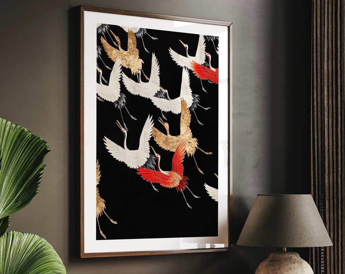 Japanese Flying Cranes Vintage Illustration Wall Art Print Quirky Decor