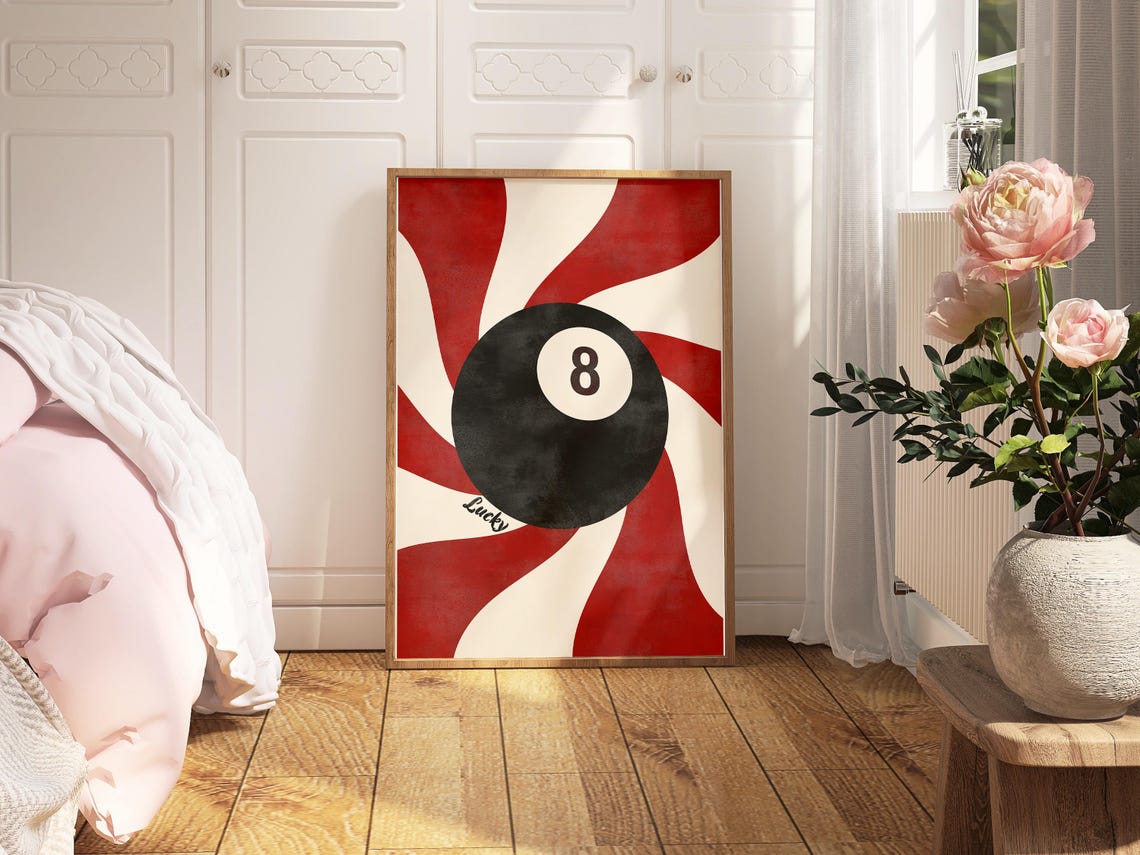 Bold Peppermint Lucky 8 Ball Red White Swirl Retro Bar Cart Poster - Image 2