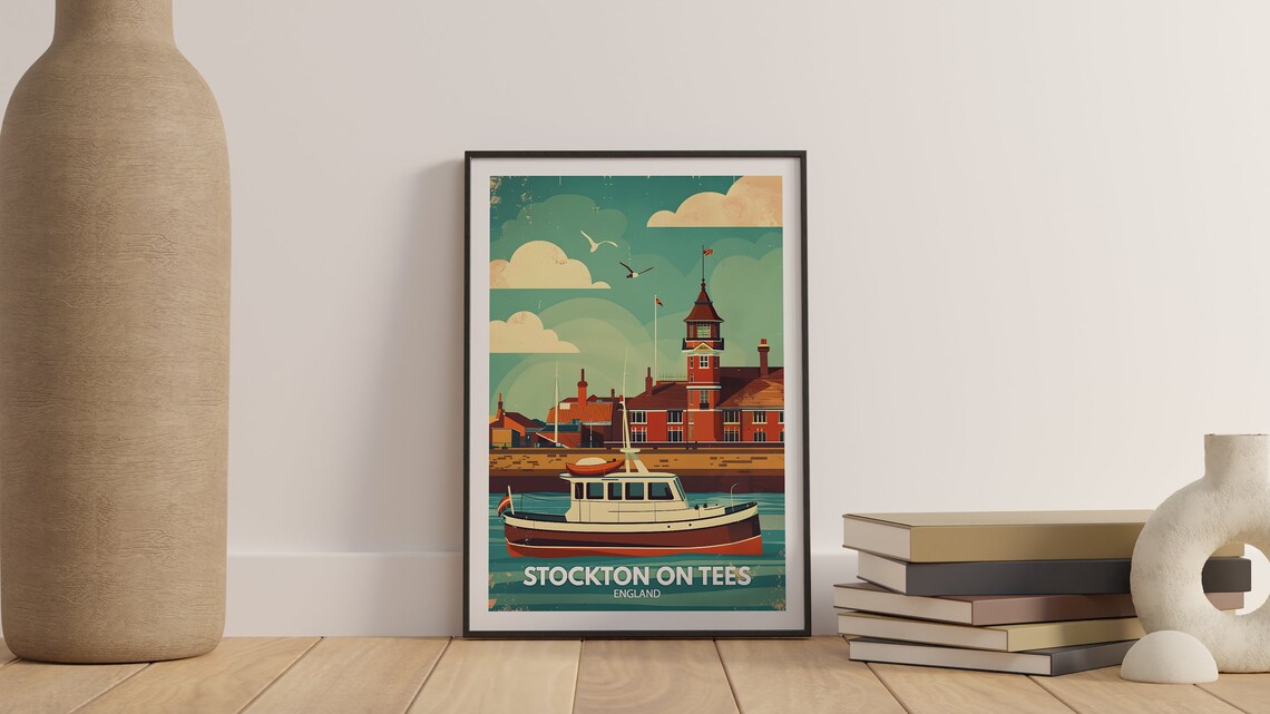 Stockton On Tees England Harbour Fishing Boat Sunset Vintage Poster - Image 3