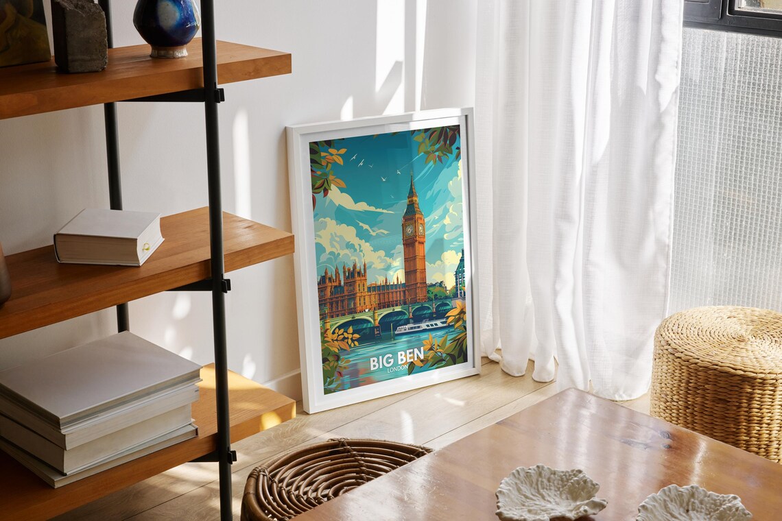 Big Ben London Travel Poster Clock Tower River Bridge Vintage Art - Image 2