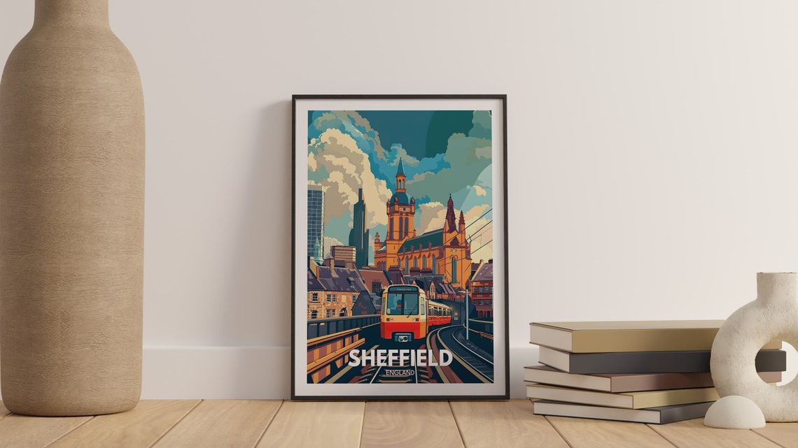 Sheffield Vintage Tram Clock Tower Civic Buildings City Poster - Image 2