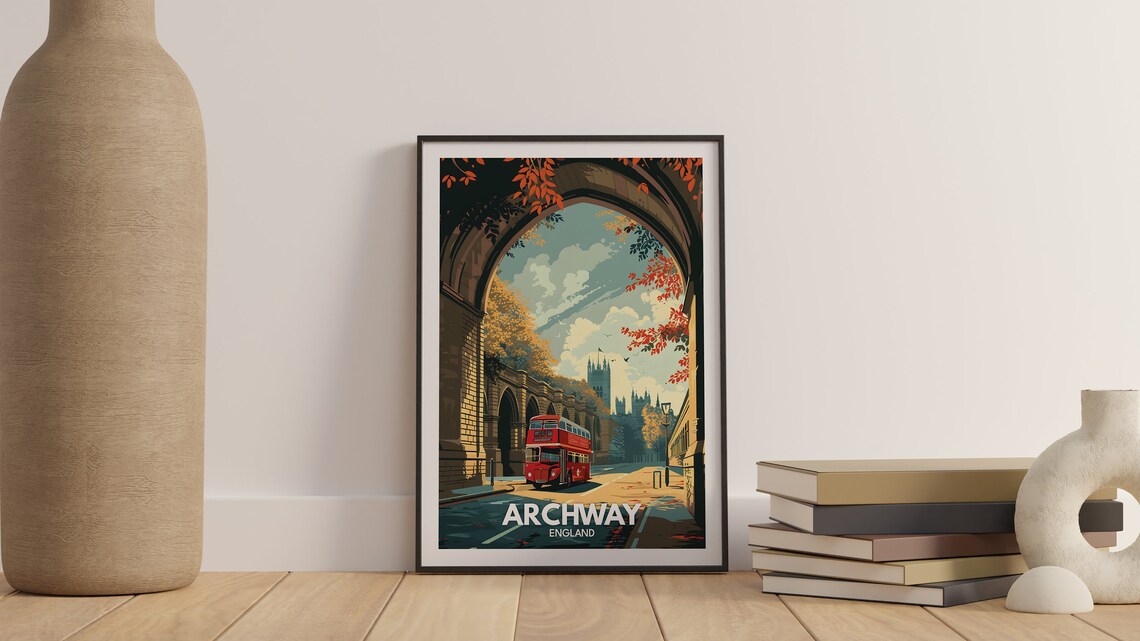 Archway London Travel Poster Gothic Arch Red Bus Vintage Street - Image 3