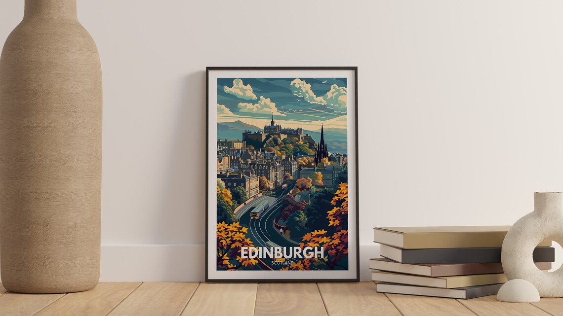 Edinburgh Scotland Travel Poster Castle Tram Autumn Foliage Art - Image 2