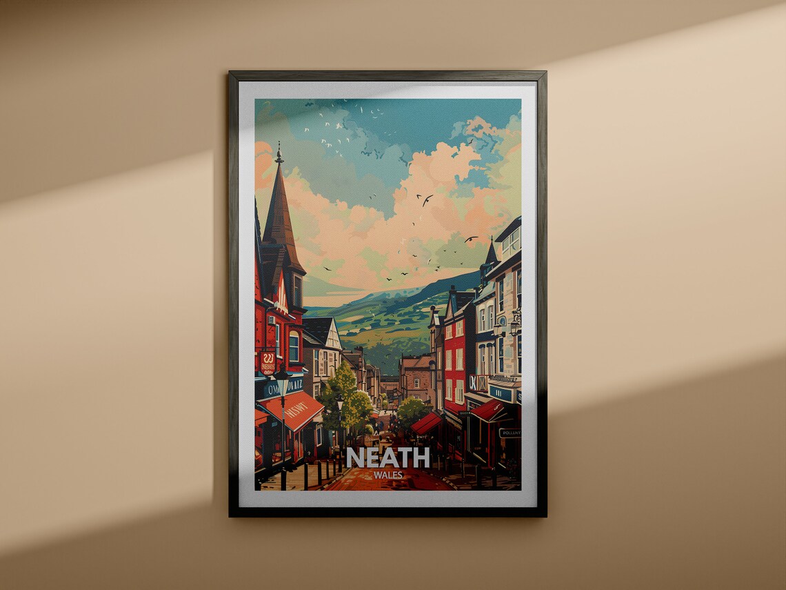 Neath Wales Town Street Church Spire Hillside View Travel Poster - Image 4