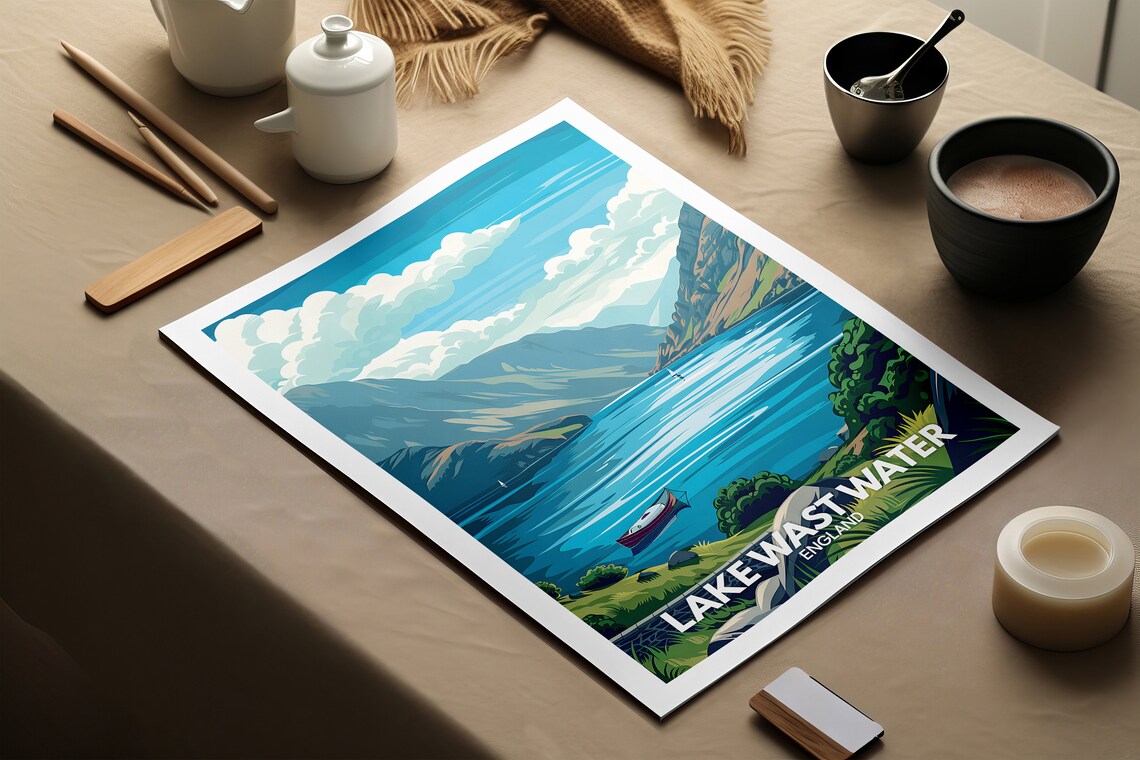 Lake Wast Water England Rowing Boat Mountain Lake Serene Travel Poster - Image 2