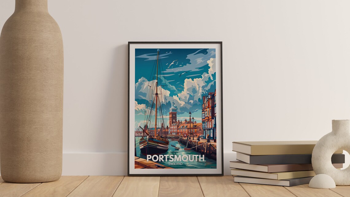 Portsmouth England Harbor Sailboat Coastal Town Travel Poster - Image 3