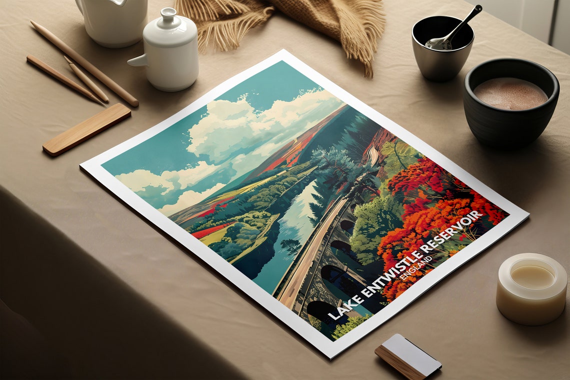 Lake Entwistle Reservoir Print Lake Entwistle Reservoir Poster England Lake Travel Poster Uk Lake Art England Nature Poster - Image 2
