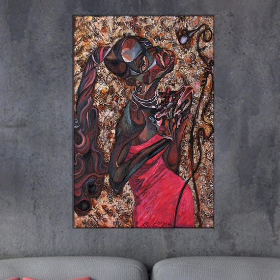 Afrocentric Woman Art Print Abstract Expressionism Red Dress Canvas Poster