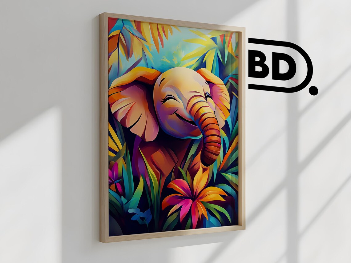 Smiling Baby Elephant Colorful Jungle Floral Animal Wall Art - Image 2