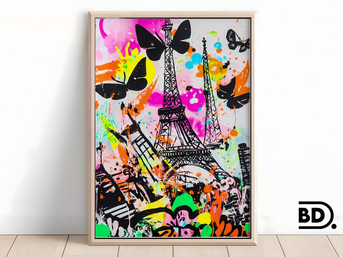 Neon Pop Art Eiffel Tower Bold Butterfly Urban Graffiti Painting Vibrant Paris Street Scene Modern Cityscape Artwork