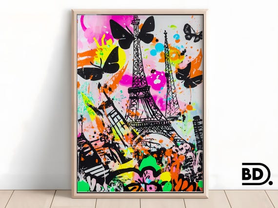 Neon Pop Art Eiffel Tower Bold Butterfly Urban Graffiti Painting Vibrant Paris Street Scene Modern Cityscape Artwork