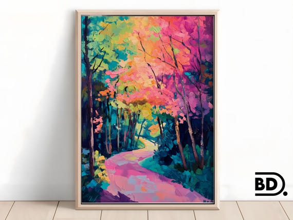 Colorful Abstract Landscape Print Bold Forest River Scene In Pop Art Style Pink Green Blue Hues Home Decor