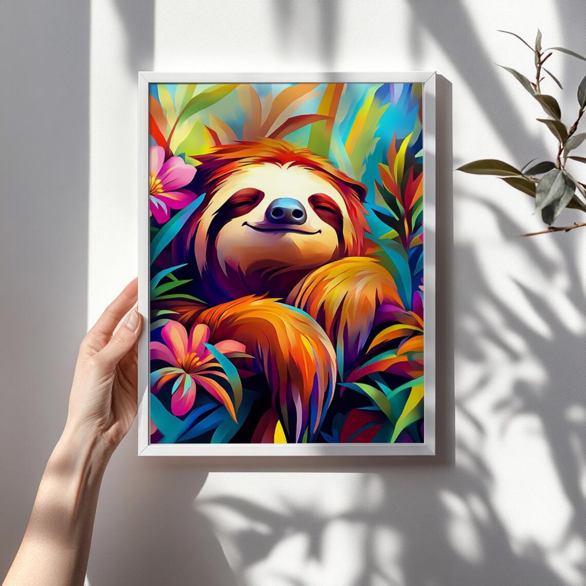 Sleepy Smiling Sloth Among Bright Tropical Flowers Colorful Poster - Image 3