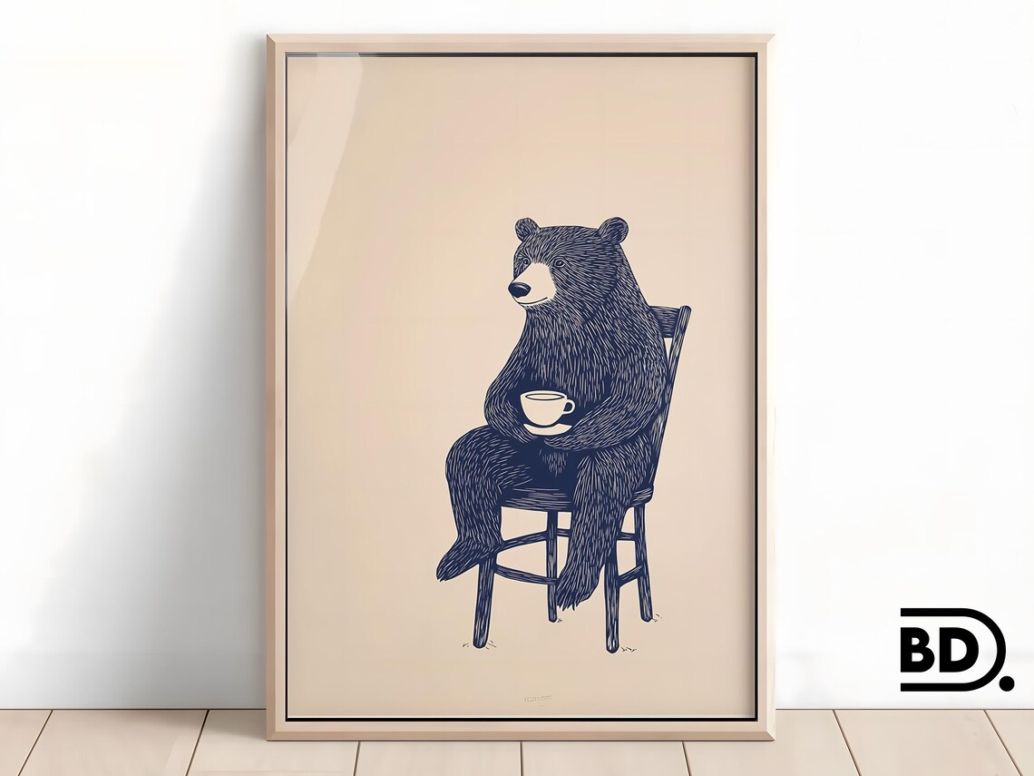 Quirky Bear Sitting With Teacup Navy Ink Illustration Kitchen Poster