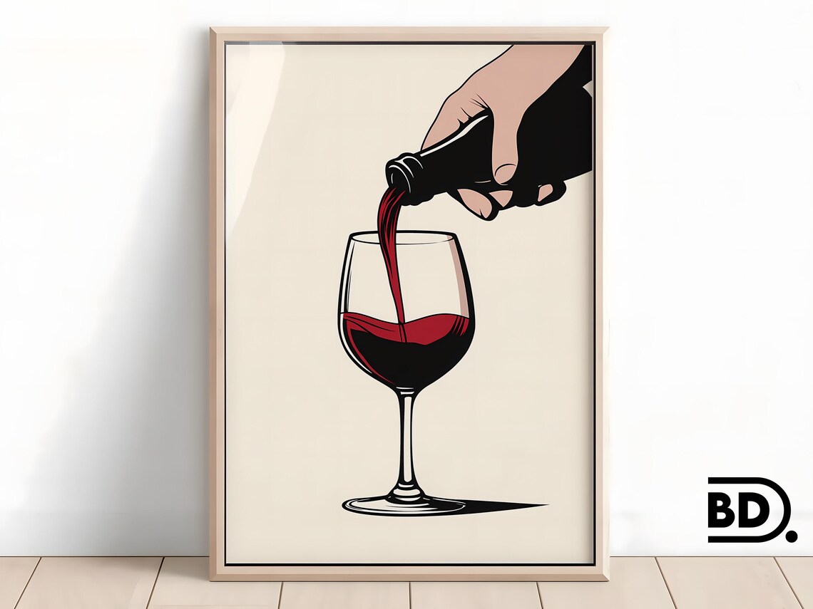 Red Wine Pouring Minimal Line Art Chic Bar Cart Decor Wall Print