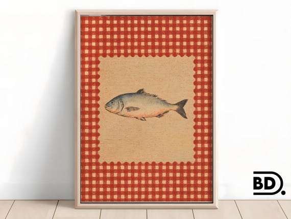 Sardine Fish Print Coastal Gingham Kitchen Wall Art Nautical Poster In Fishermancore Style Trendy Horizontal