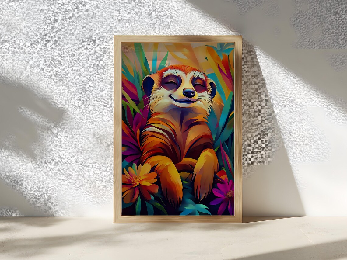 Smiling Meerkat Among Tropical Flowers Vibrant Animal Poster - Image 2